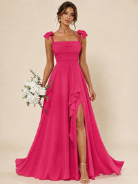 Ruffle Slit Chiffon A Line Scoop Neck Bridesmaid Dresses with Pockets