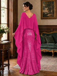 Sequin 2 Pieces Mother of the Bride Dress with Cap Sleeves Chiffon Formal Gowns