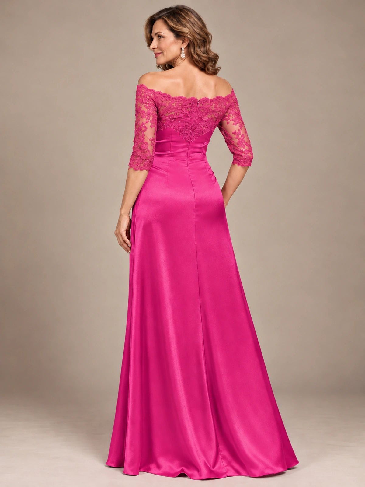 Satin Mother of the Bride Dress with Lace Sleeves Off Shoulder Formal Gown