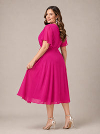 Navy Blue A-Line V-Neck Tea-Length Mother of the Bride Dress
