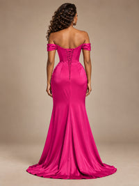 Burgundy Off-the-Shoulder Satin Corset Prom Dress with Slit