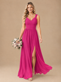Pleated Chiffon V Neck Wedding Bridesmaid Dresses Floor Length with Slit