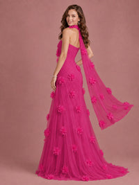 Blush Pink Strapless Sweetheart 3D Floral Tulle Mermaid Prom Dress