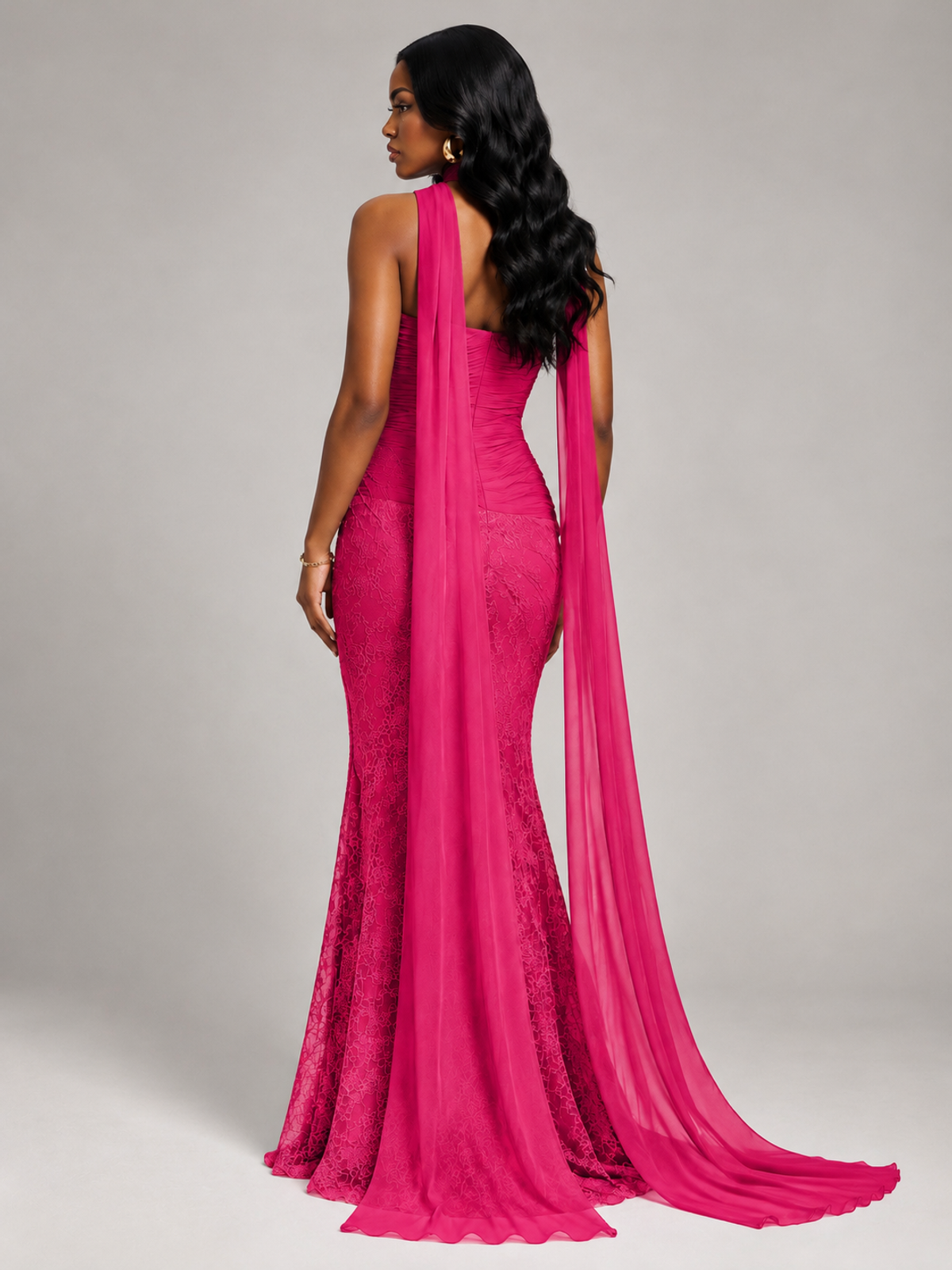 Pleated Chiffon Lace Prom Dresses Long Bodycon Mermaid with Scarf