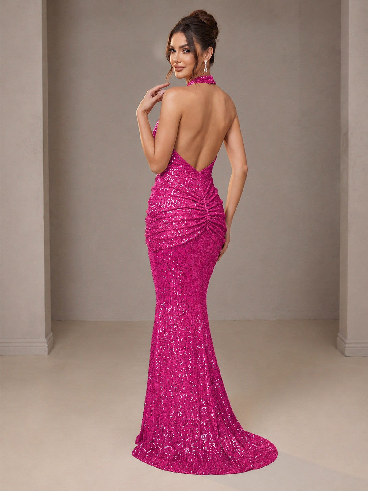 Gold Halter Sequin Mermaid Ruched Prom Dress Long Ruched Evening Gown
