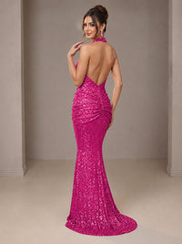 Gold Halter Sequin Mermaid Ruched Prom Dress Long Ruched Evening Gown