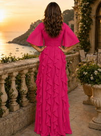 Elegant Chiffon Mother of the Bride Dress with Flutter Sleeves and Ruffle Skirt