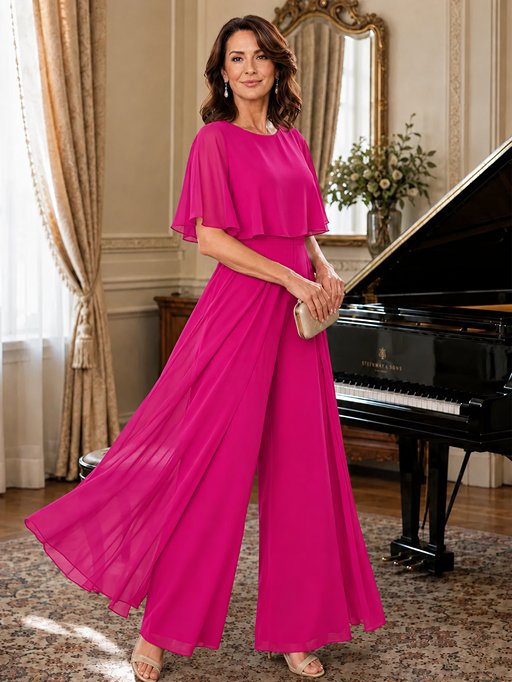 Chiffon Mother of the Bride Jumpsuit with Layered Cape Sleeves