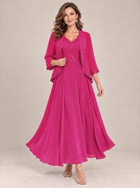 Dusty Blue Floral Lace Chiffon Mother of the Bride Dress with Jacket