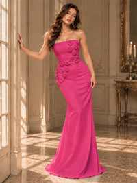White Strapless Mermaid Maxi Dress with 3D Floral Appliques