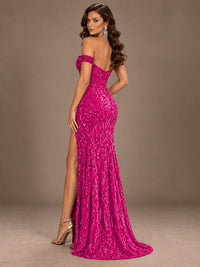 Off the Shoulder Corset Sequin Mermaid Prom Dress with Slit