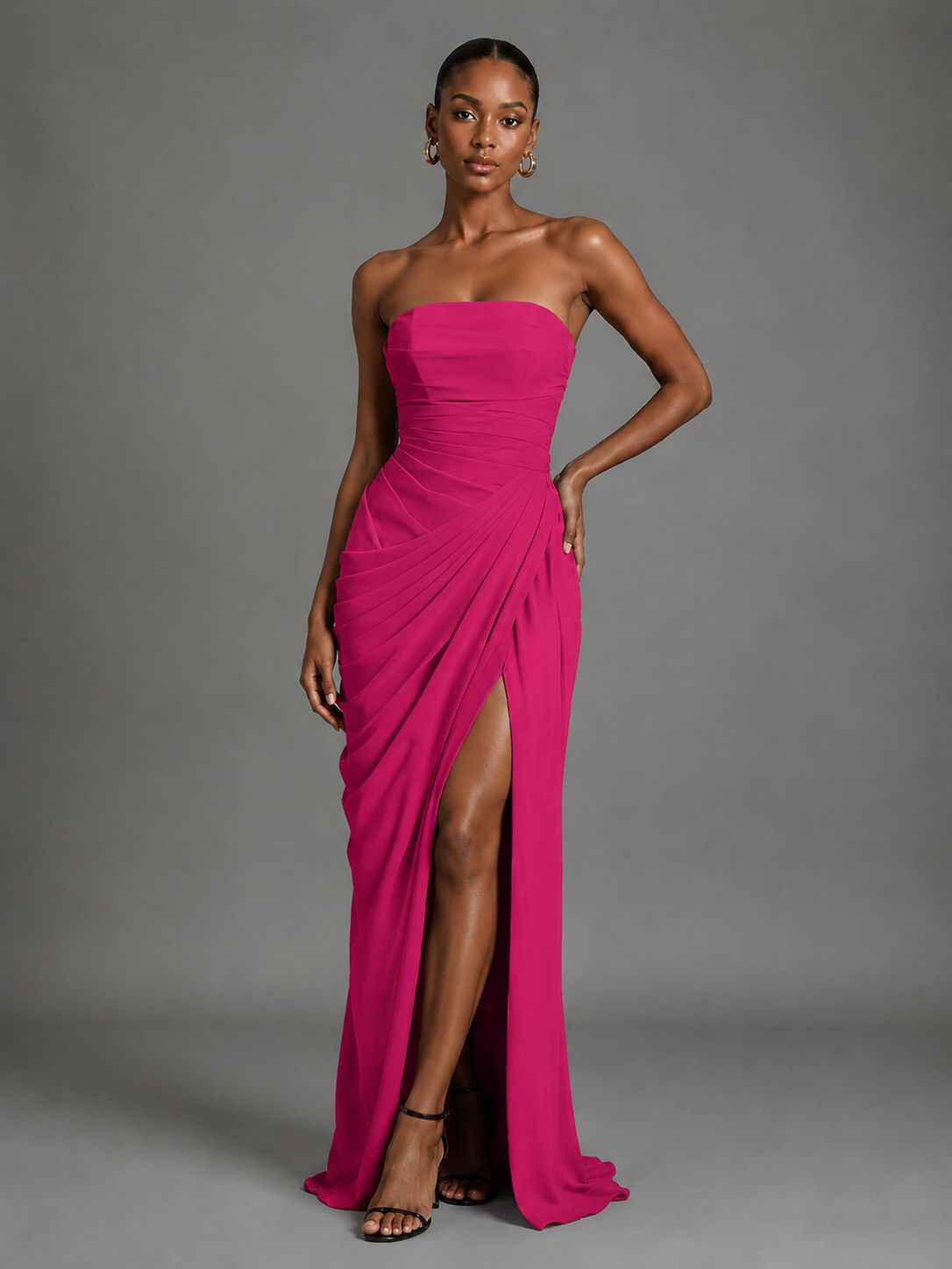 Strapless Bodycon Pleated Chiffon Formal Dress with Slit