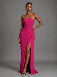 Strapless Bodycon Pleated Chiffon Formal Dress with Slit