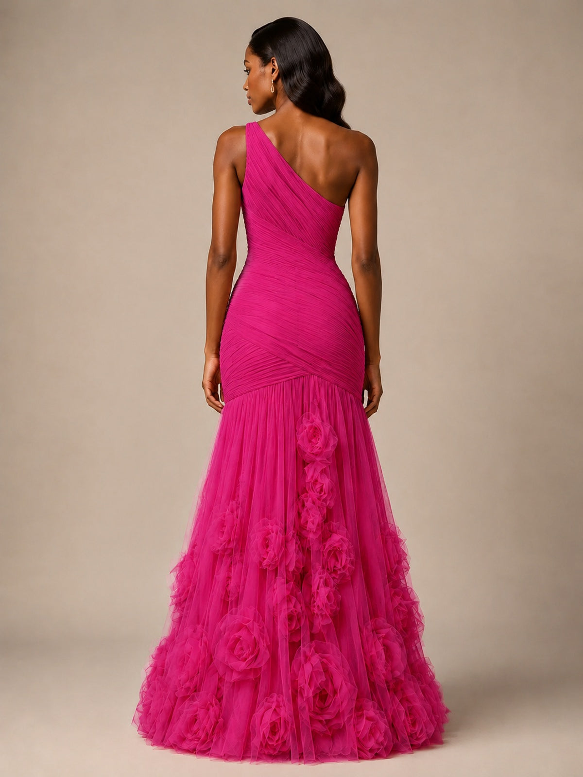 Blush Pink One Shoulder 3D Floral Mermaid Prom Dress