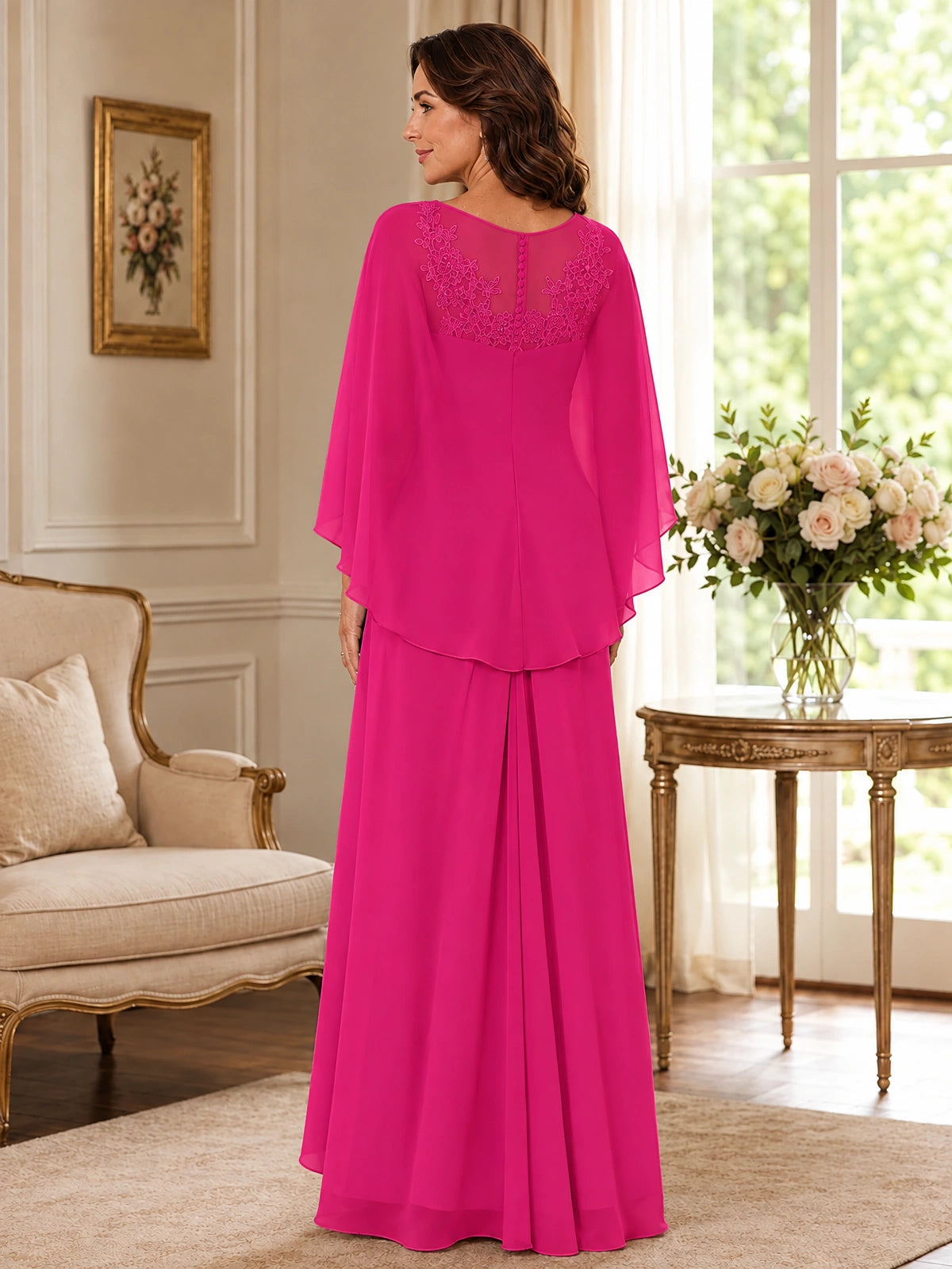 Elegant Chiffon Mother of the Bride Dress with Lace Applique and Cape Sleeves