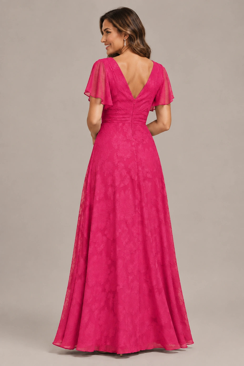 Jovellee Floral Chiffon A-Line Mother of the Bride Dress with Flutter Sleeves