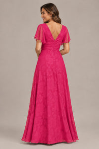 Jovellee Floral Chiffon A-Line Mother of the Bride Dress with Flutter Sleeves