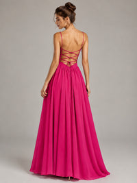 Spaghetti Strap Ruched Chiffon Maxi Dress with Backless