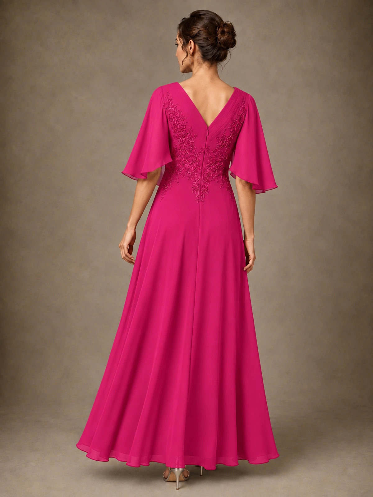 V-Neck Chiffon Lace Mother of the Bride Dress with Flutter Sleeves