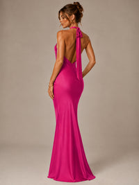 Olive Green Halter Satin Mermaid Maxi Dress