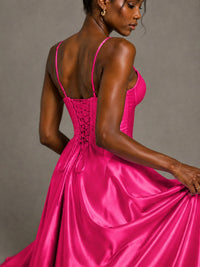 Lavender V Neck Satin Prom Dress with Spaghetti Straps
