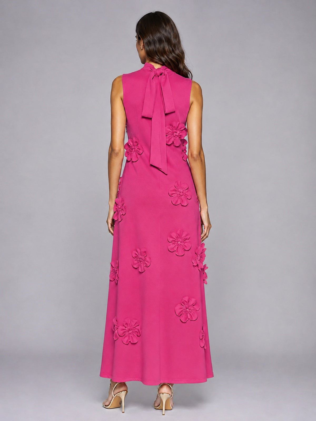 3D Floral Applique High Neck Prom Maxi Dress