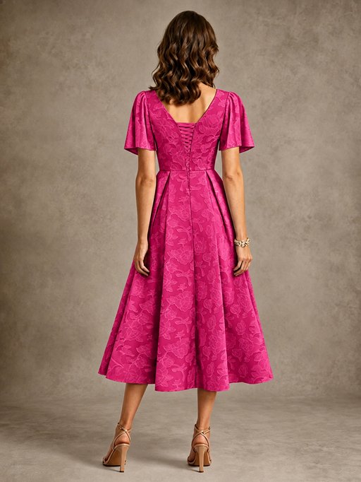 V-Neck Floral Jacquard Tea-Length Mother of the Bride Dress