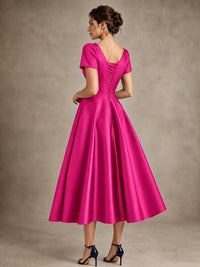 V-Neck Tea-Length Satin Mother of the Bride Dress with Bow