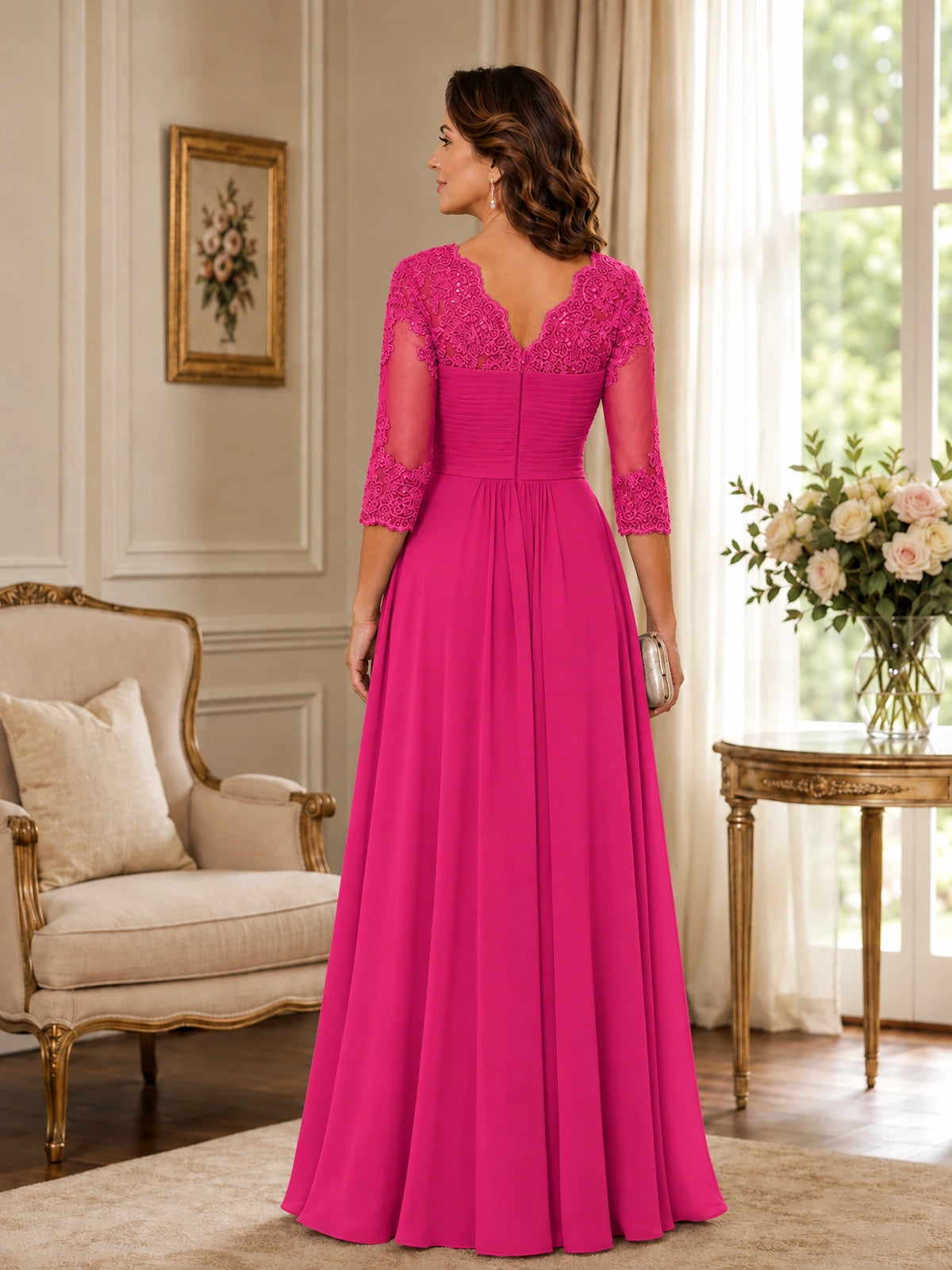 Chiffon Lace Applique Mother of the Bride Dress with 3/4 Sleeves
