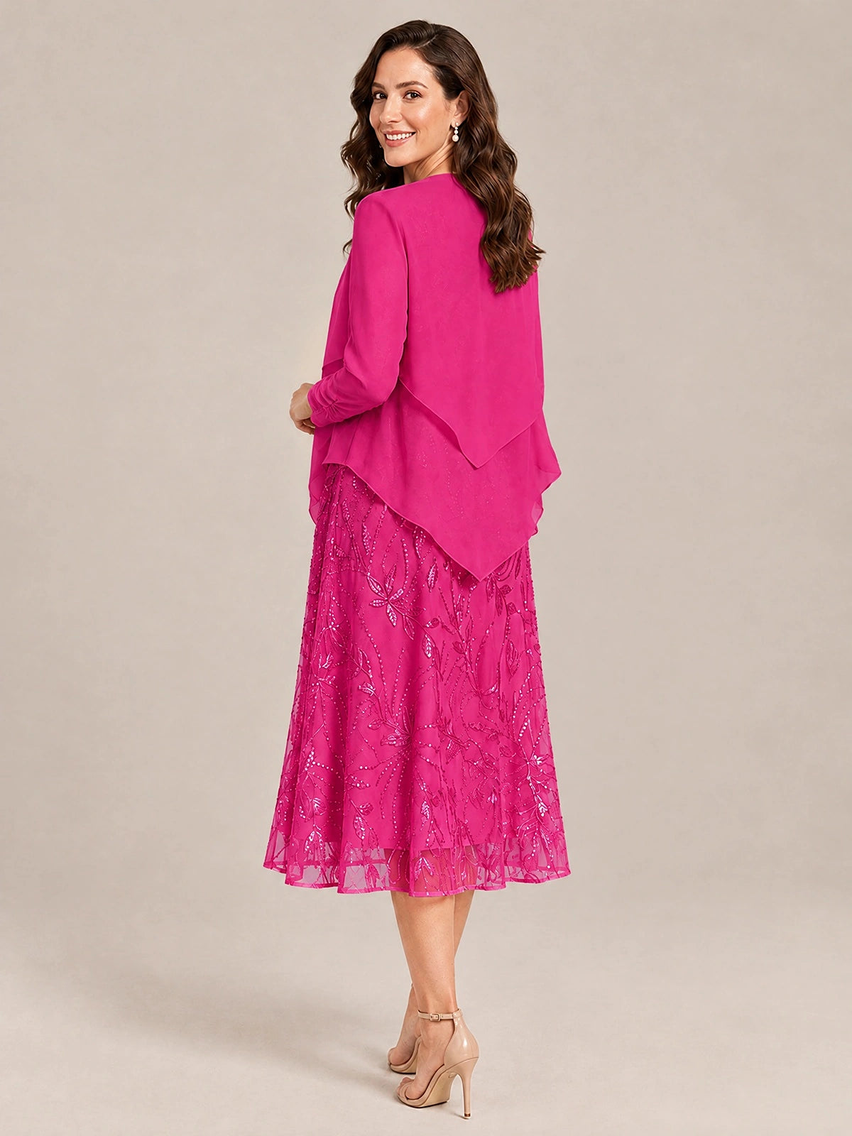 Tea Length Sequin Lace Mother of the Bride Dress with Chiffon Jacket