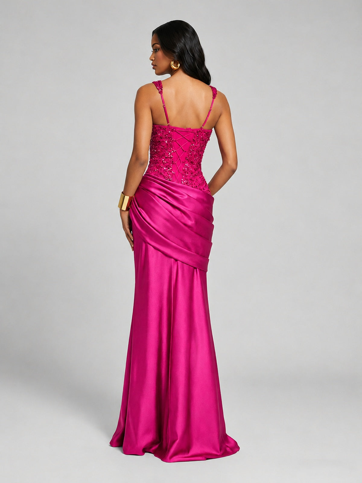Scoop Neck Sequin Prom Dress with High Slit Satin Formal Gowns
