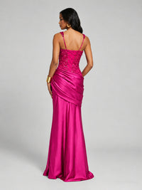 Scoop Neck Sequin Prom Dress with High Slit Satin Formal Gowns