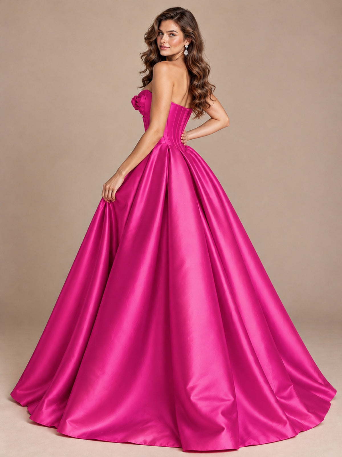 Pink Strapless Corset Satin Prom Derss & Ball Gown with 3D Floral
