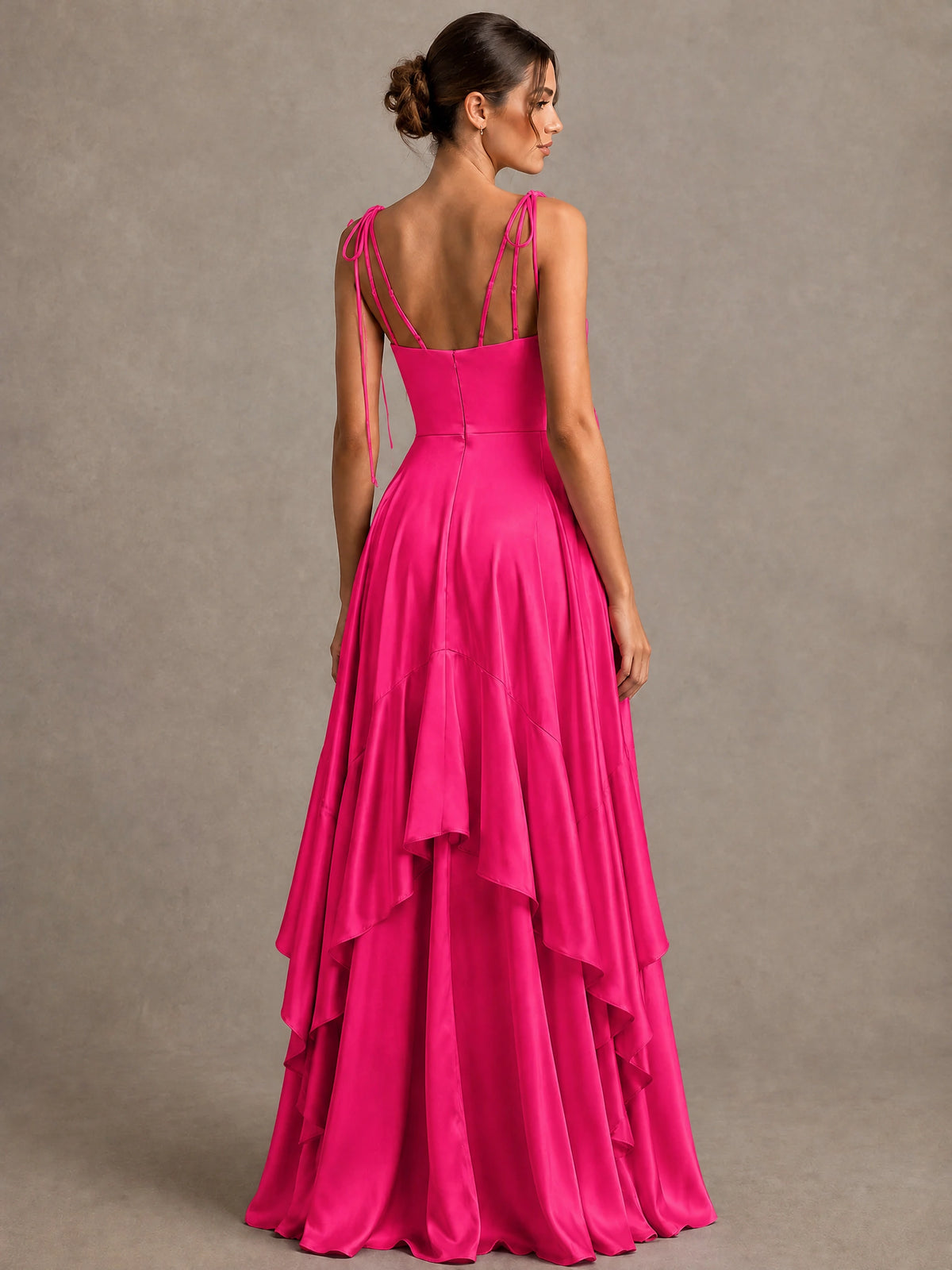 Lavender Satin V-Neck Ruffle Maxi Dress