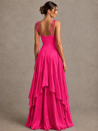 Lavender Satin V-Neck Ruffle Maxi Dress