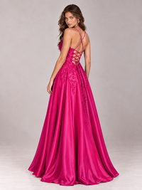 Lace Applique Satin A-Line Prom Dress with Sheer Bodice