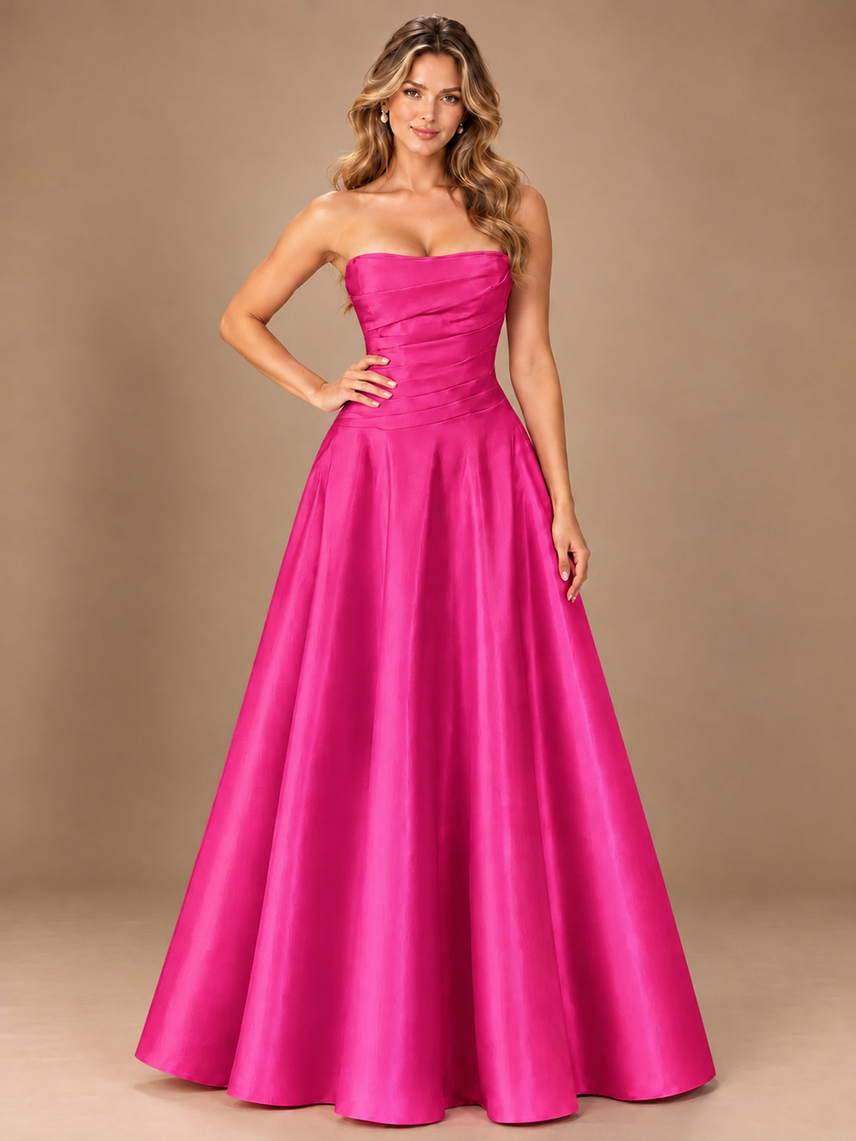 Blush Pink Strapless Satin A-Line Prom Dress with Ruched Bodice
