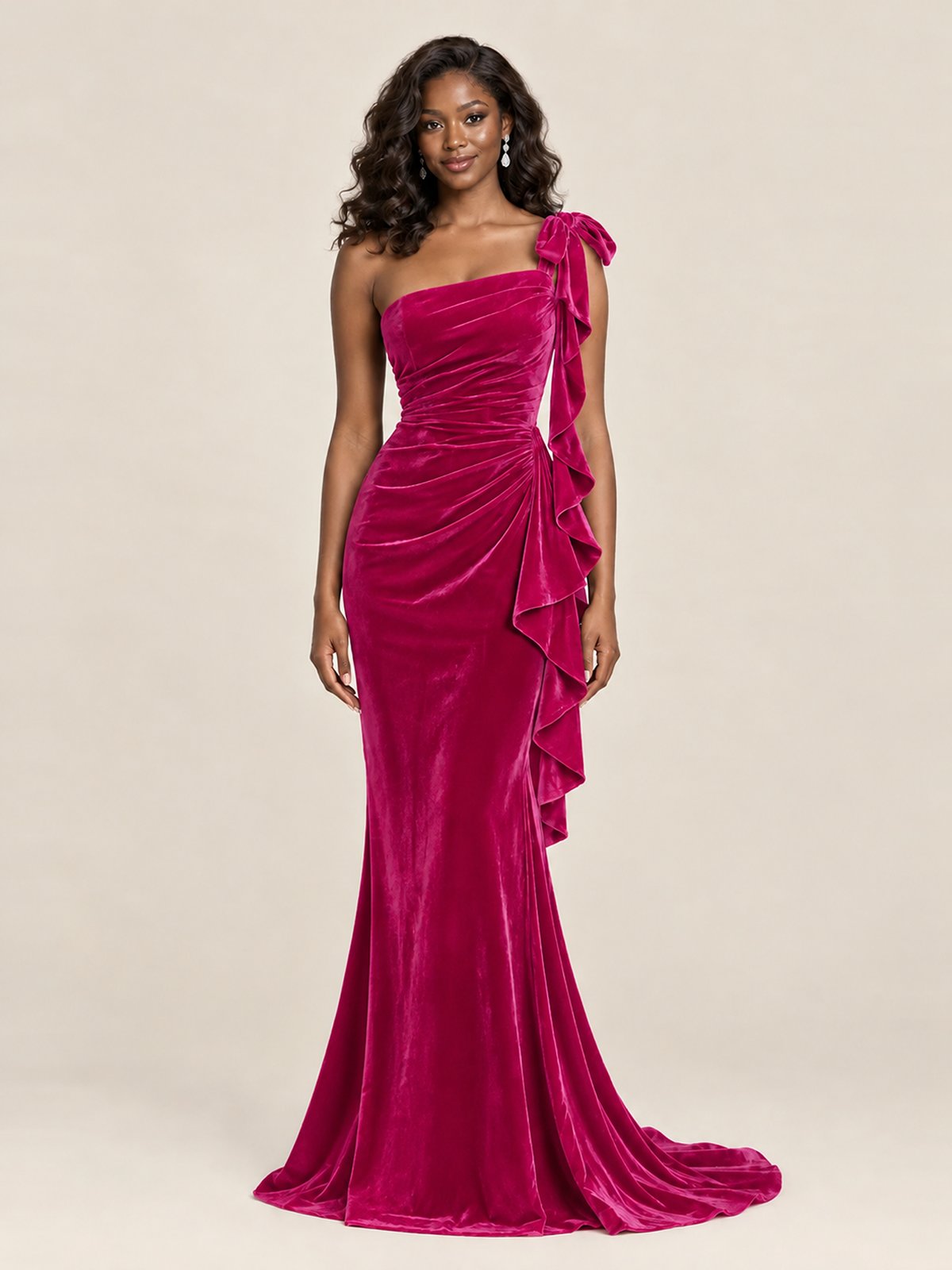 Black Velvet One-Shoulder Mermaid Evening Gown with Bow & Ruffles