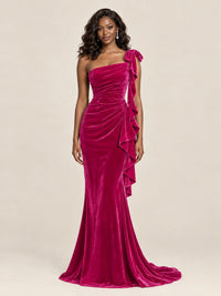 Black Velvet One-Shoulder Mermaid Evening Gown with Bow & Ruffles