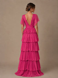 Chiffon V-Neck Tiered Ruffle Bridesmaid Dress with Slit