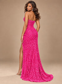 Gold Sequin Strapless Corset Prom Dress with High Slit