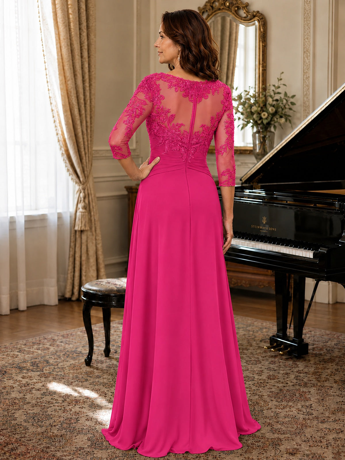 A-Line Chiffon Mother of the Bride Dress with Floral Applique 3/4 Sleeves