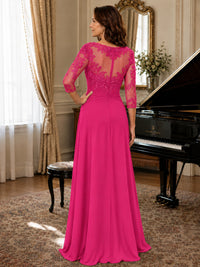 A-Line Chiffon Mother of the Bride Dress with Floral Applique 3/4 Sleeves