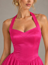 Light Yellow Halter Neck Satin A-Line Maxi Dress with Pockets