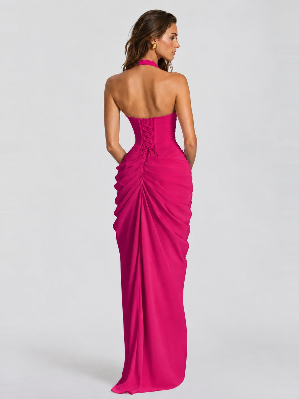 Ruched Halter Neck High-Slit Prom & Evening Dress