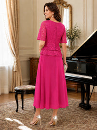Tea-Length Chiffon Mother of the Bride Dress with Sequin Lace Sleeves