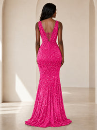 Sequin Mermaid Prom Dress with V-Neck and Ruched Waist