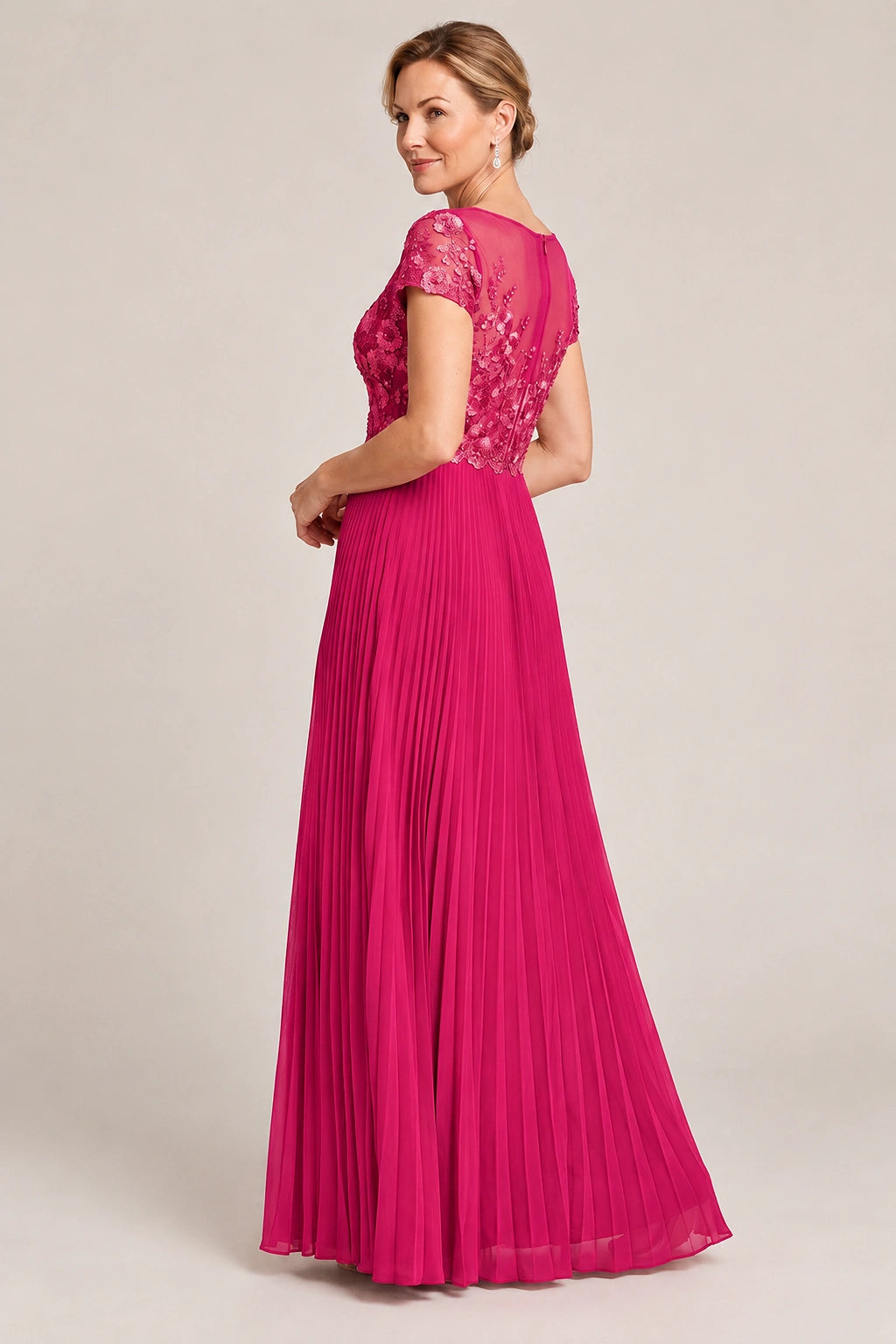 Embroidered Lace Pleated Mother of the Bride Dress