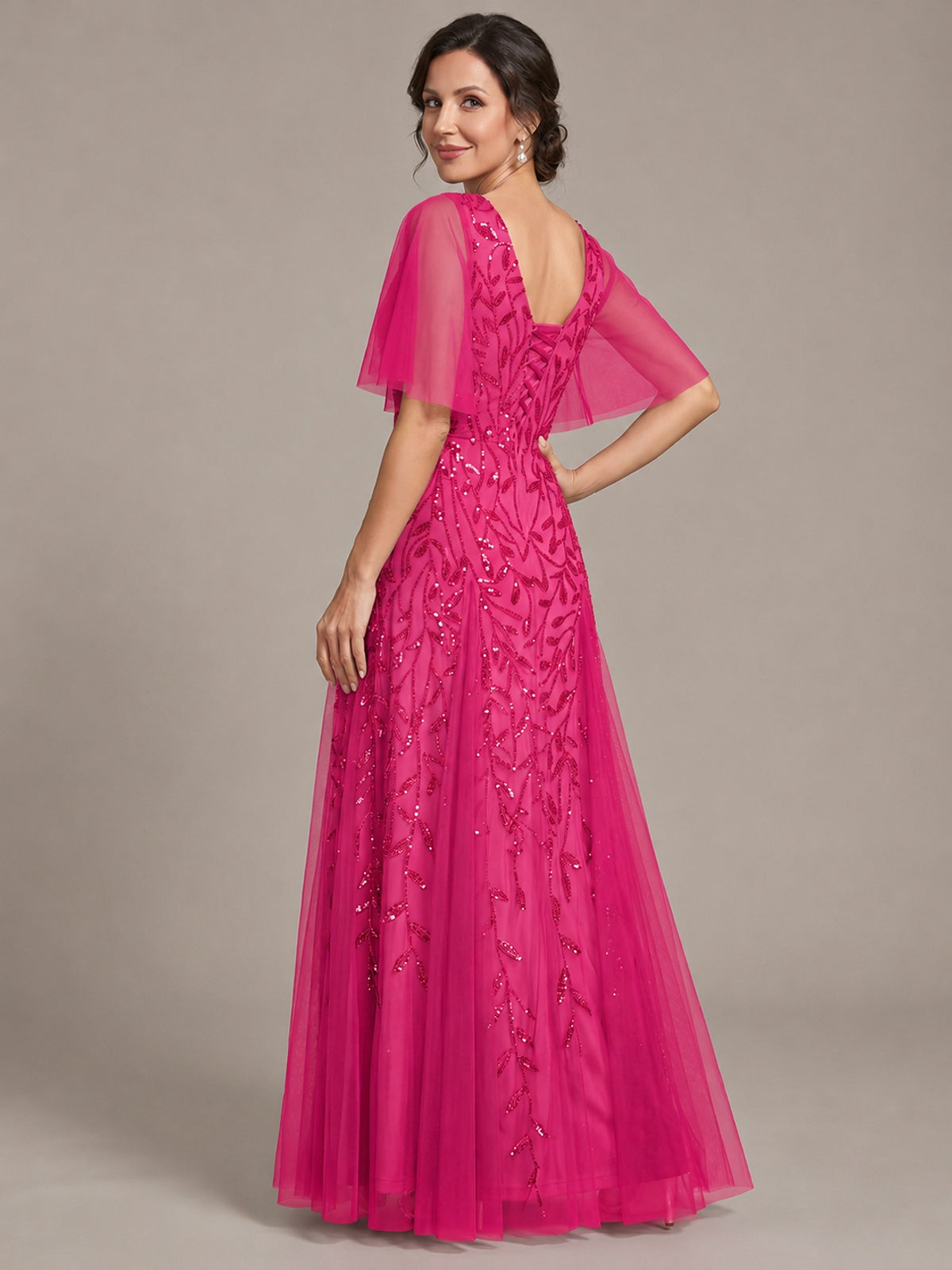 V-Neck Sequin Tulle Mother of the Bride Dress with Flutter Sleeve