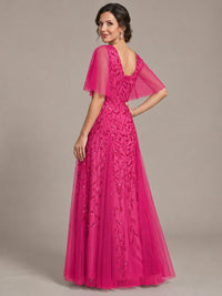 V-Neck Sequin Tulle Mother of the Bride Dress with Flutter Sleeve